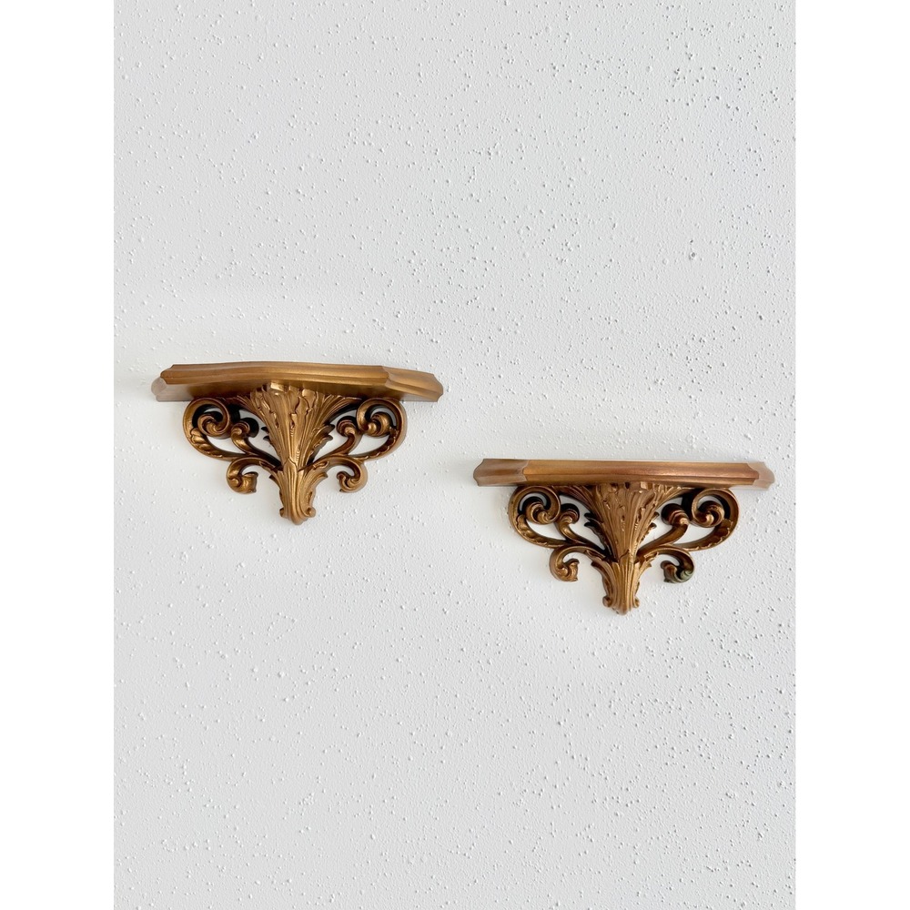 Burwood Gold Wall Shelf Set Ornate Acanthus Hollywood Regency French Provincial